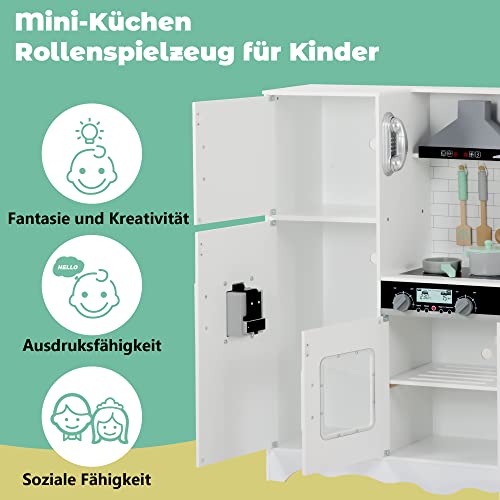 Chefkochküche aus Holz Spielküche mit Herd, Spüle, Wasserhahn, Ofen, Pfanne, Dunstabzug, Kaffeemaschine, Mikrowelle… – Bild 6