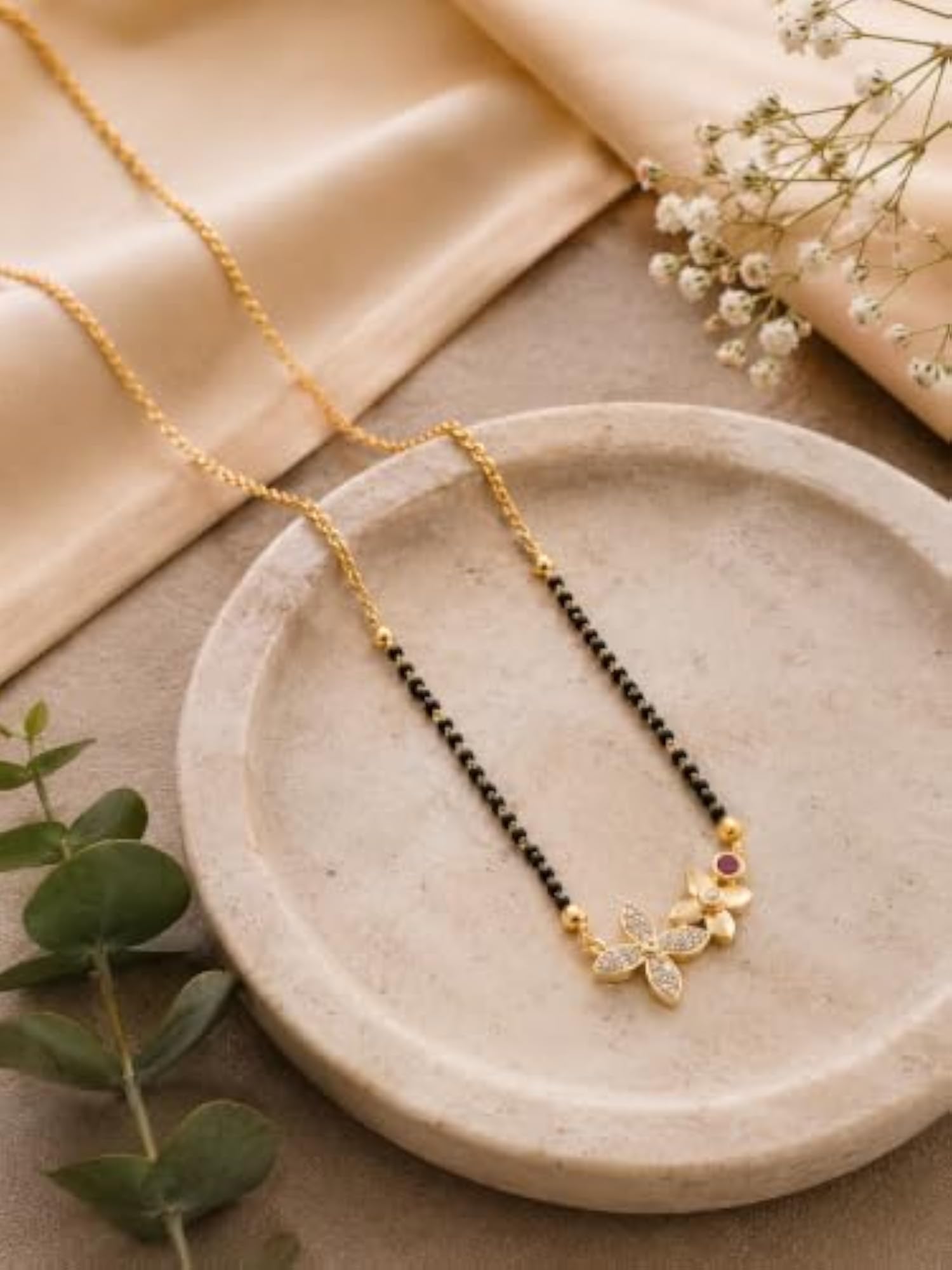 Women's Butterfly Bloom Diamond Mangalsutra with Black Bead Chain
