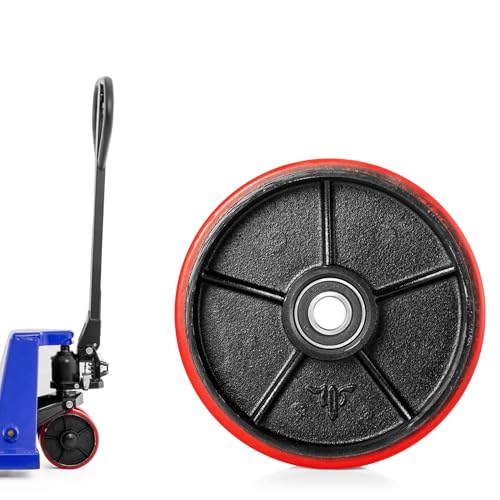 Pallit Rueda giratoria para carretilla elevadora de poliuretano (PU) 200 x 50 mm, eje rojo 20 mm, rodamiento de bolas incluido