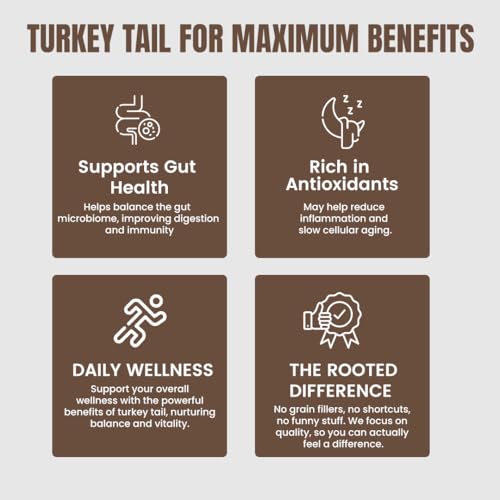 Rooted Active's Turkey Tail Organic Mushroom Powder Pouch, 45 Grams, 30 Servings, Immune Support, Ayurveda Nootropic Supplement, Beta-Glucans, Gut Health & Holistic Defense Mushroom Supplement
