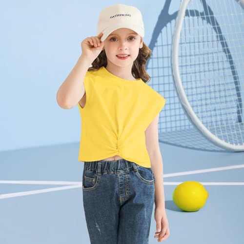 Image of Girls Twist Front Tunic T-Shirt Cute Short Sleeve Tees Summer Blouse for Girls 5-14 Years Yellow