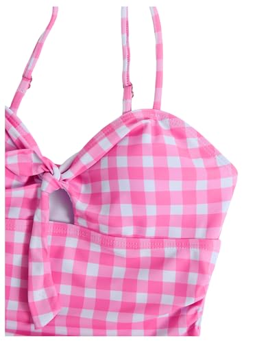 Image of Floerns Girl's Gingham Print Ruched Cut Out Knot Front One Piece Swimsuit