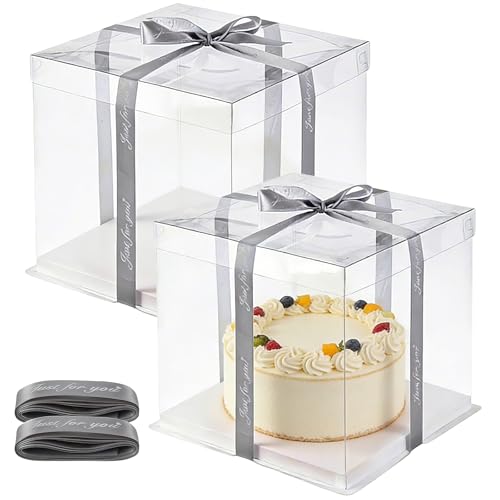 Zorplex 2 Boîtes à Gâteaux Transparentes 30 x 30 x 25 cm, Boîtes Cadeaux avec Ruban et Base, Emballage Cube pour Gâteau, Idéal pour Anniversaire, Mariage...