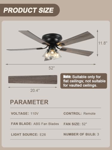 Image of 52 Inch Flush Mount Farmhouse Ceiling Fans with Lights and Remote Control