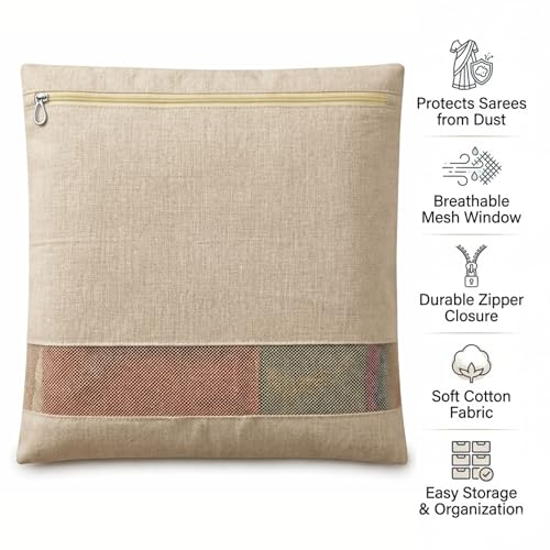 Image of Cotton Saree Cover Bags Set of 6 - Breathable Clothes Storage Organizer for Saree, Garments | Foldable Zip Wardrobe Bags with Transparent Mesh Window | Dustproof Closet & Travel Use