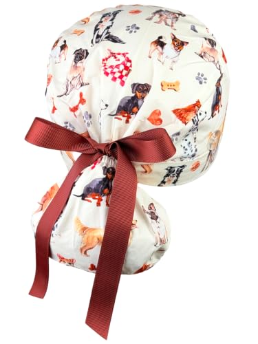 Image of Scrub Cap for Women and Men, Ponytail Scrub Caps, Working Hat, Head Cover with Ribbon Ties and Buttons, Long Hair