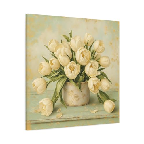 Tableau tulipes blanches or 80x80 cm - Toile carrée pour mur de salon