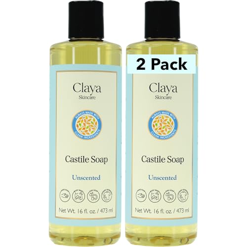 Image of Claya Unscented Liquid Castile Soap - Organic Ingredients, Biodegradable, Gentle for Sensitive Skin and Versatile Use (2 Pack of 16 fl oz Disc Cap)