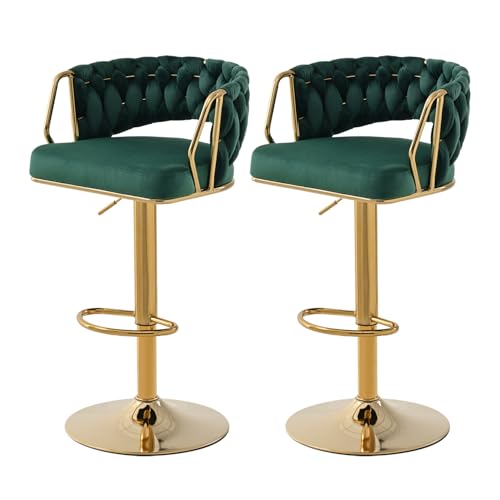 SUPPNEED Lot de 2 tabourets de Bar en Velours réglables en Hauteur - Pivotants à 360° - avec Dossier tressé à la Main - Repose-Pieds doré - pour Salle à...