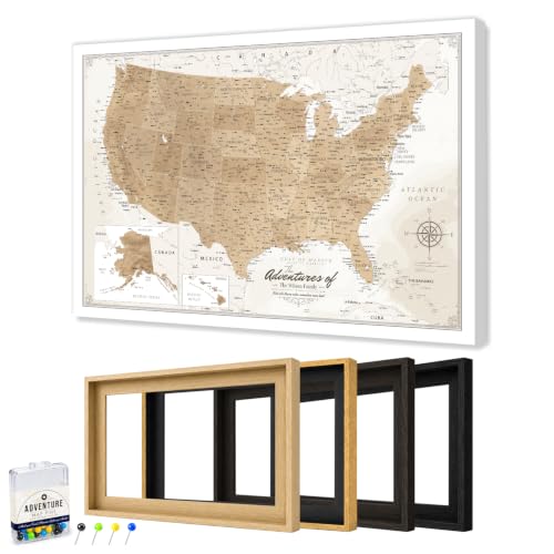 Image of IPIC Personalized Vintage Framed USA Map Pin Board, Image Size 42x28 in