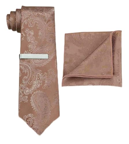 Entwineno Mens Satin Paisley Tie Set : Necktie and Pocket Square - Wedding Groomsmen Groom (Terracotta Regular Tie)