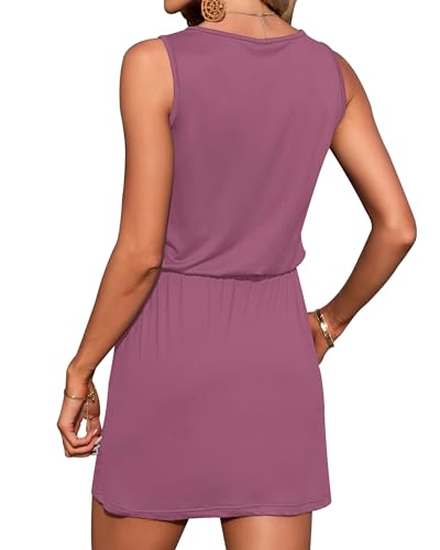Image of AUSELILY Womens Summer Dress Casual Sleeveless Drawstring Short Dresses | Adjustable drawstring waist for a custom fit, plus 2 side pockets-perfect beach-to-street sundress