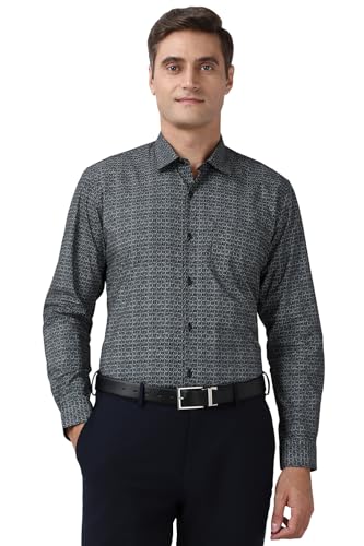 Image of Peter England Men's Printed Formal Shirt with Geometric Bloom Pattern - 100% Cotton, Full Sleeves, Regular Fit