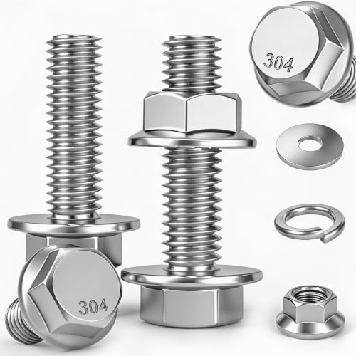 5 Set 3/8-16×3/4" Flanged Hex Head Bolts,Flange Nuts,Flat &amp; Lock Washers,304 Stainless Steel Full Thread