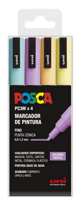 UNI Posca Estuche de 4 Rotuladores PC1MR de Color Pastel de Punta Cónica Fino