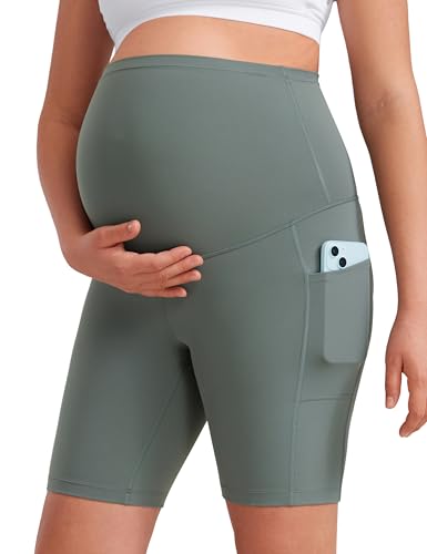 CRZ YOGA Womens Butterluxe Maternity Yoga Biker Shorts with Pockets 8" - Over The Belly Pregnancy Workout Athletic Grey Sage Medium