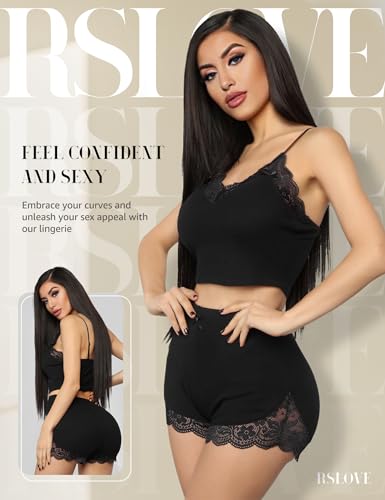 RSLOVE Women's Pyjama Sets Sexy Sleepwear Summer Pjs Set for Women Lace Cami Set with Short Pants Nightwear Black - Image 4