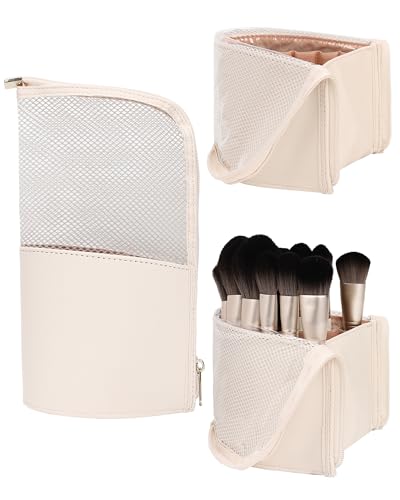 MONSTINA Makeup Brush Holder Bag,Portable Make-up Brush Organizer Bag Waterproof Stand-Up Makeup Brush Pouch,Professional Artist Makeup Case,Extral Large,Beige