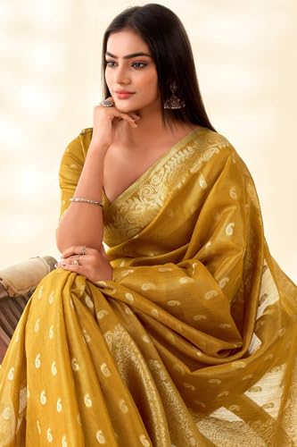 Image of SWORNOF Gold-Toned Woven Design Silk Zari Tissue Saree | Saree for Women | Soft and Skin Friendly