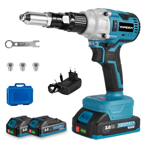 Yofidra Akku Nietzange, 20000N Nietpistole Bürstenlose Popnietenzange, Automatischer Blindnietenzange mit 2x2.0Ah Akkus, für 2.4-5.0mm Blindnieten 16mm Hublänge, Akku Nietzange Set