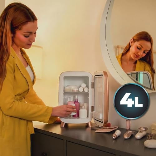Mini Réfrigérateur Cosmétiques Rose sur Coiffeuse avec Miroir Éclairé Cecotec