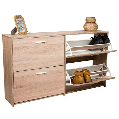 COSTWAY Schuhschrank mit 4 Klappen, Schuhkipper freistehend, Schuhkommode für 16-24 Paar Schuhe & Hausschuhe, Schuhablage für Flur & Eingangsbereich & Wohnzimmer & Garderobe, Schuhregal (Eiche)