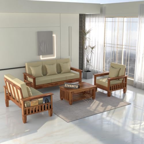 Image of Solid Sheesham Wood 6 Seater Sofa Set for Living Room | Premium Wooden Sofa with Fabric Cushions & Side Magazine Rack | Modern Solid Wood Furniture for Home & Office