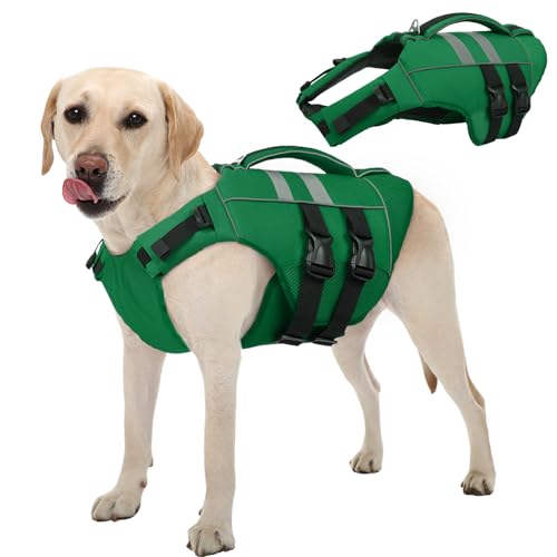 Kuoser Medium Dog Life Jacket, High Flotation Dog Life Vest for Swimming Boating, Reflective Dog Swimming Vest for Medium Dogs Pet Life Preserver with Rescue Handle, Green M