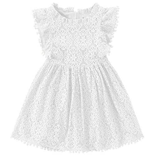PythJooh Toddler Girl Flutter Sleeve Party Dress Baby Kids Elegant Lace Pom Pom Princess Dress for 1-7Years White