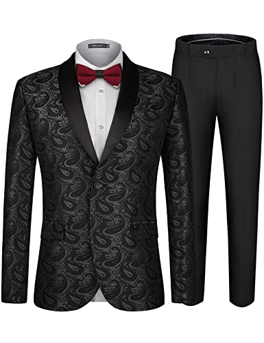 MAGE MALE Men's 2 Piece Slim Fit Floral Tuxedo Suit Paisley Peak Lapel One Button Single Breasted Suit Jacket Pants Set