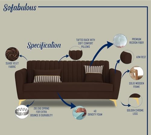 Image of MS Luxury FURNITRE Premium Luster 3-1-1 Sofa Set | Velvet Suede Fabric | 3-Year Warranty | Color Beige with Golden Legs & Striped Pattern Cushion wit Centre tabule Free (Brown, 3 seatar)