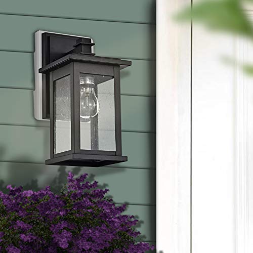 Image of MICSIU 12 Inch Matte Black Modern Farmhouse Outdoor Wall Lantern 1 Pack | Square Exterior Sconce with Clear Seedy Glass, Anti-Rust Waterproof Outside Wall Mount Light for House, Porch, Garage, Garden