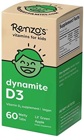 Renzo's Vitamin D3 for Kids - Vegan Vitamin D for Kids with Zero Sugar, Non-GMO Vitamin D3 1000 IU, Lil' Green Apple Flavor, Dissolvable and Easy to Take Chewable Vitamin D Tablets [60 Melty Tabs]