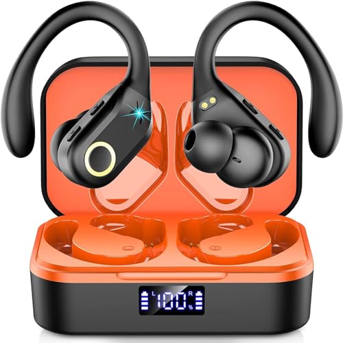 Wireless Earbuds Bluetooth 5.3 Headphones Stereo Bass, ENC Noise Cancelling Mic HD Call, Over Ear buds with Soft Earhooks for Sports, 60H Playtime LED Display, IP7 Waterproof Earphones for Android iOS