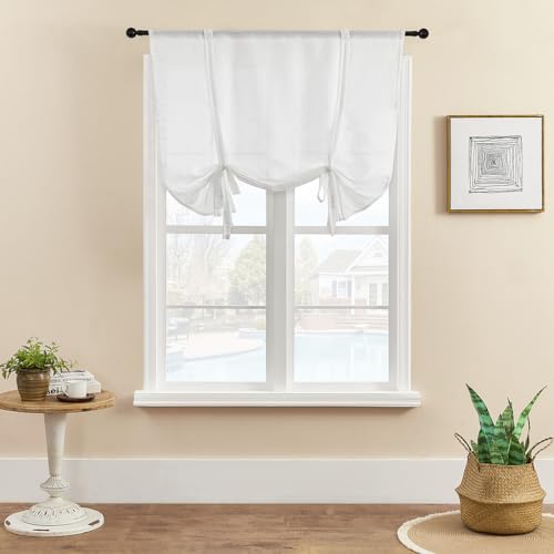 SMITHOOM 1 Panel Roman Curtain w/Tie Up Thicken Solid Color Roman Blinds Rod Pockets for Kitchen Bedroom Bathroom Laundry Small Window Decoration White 107x160cm