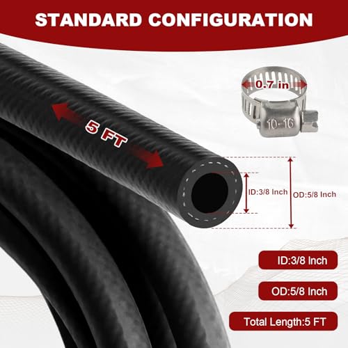 Image of Eunice 3 /8 Inch(10mm) ID Fuel Line Hose, 5 FT NBR Rubber Hose 6Pcs Clamps