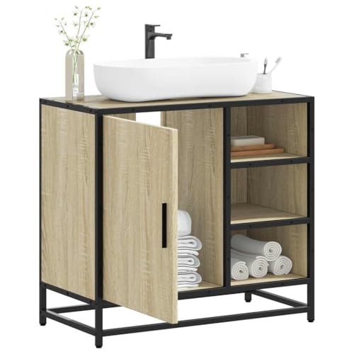 QJBSAVVA Mobile Lavabo da Bagno in Truciolato e Metallo, Mobiletto Bagno Salvaspazio Stretto 65x33x60 cm con Piano Appoggio, Design Retrò Elegante Rovere Sonoma per Sottolavabo