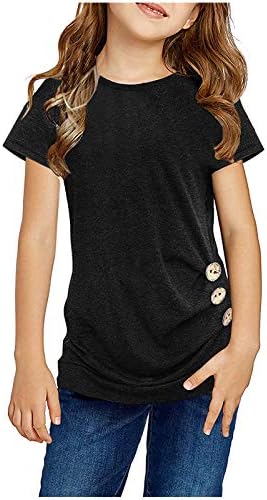 Digood Girls Casual Solid Color Tops,Kids Girls Casual Tunic Tops Knot Front Button Short Sleeve Blouse T-Shirt Tee(Black,10-11 Years)