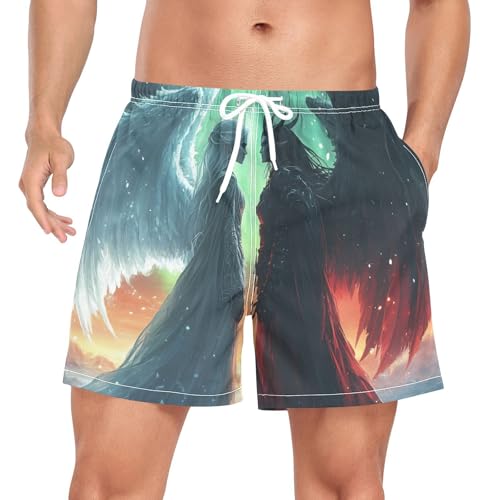 Cool Angel White Black Mens Swim Trunks with Liner, Cool Quick Dry Beach Swim Shorts, Swimwear Bathing Suits S