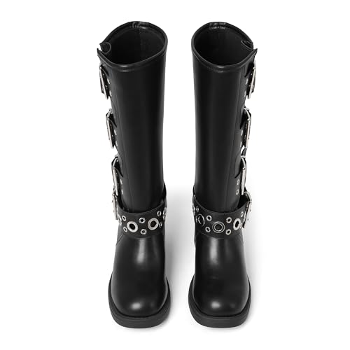 Image of AMINUGAL Knee High Boots Women Square Toe Pull On Wide Calf Riding Fashion Buckles Chunky Metallic Casual Vintage Buckle Rivet