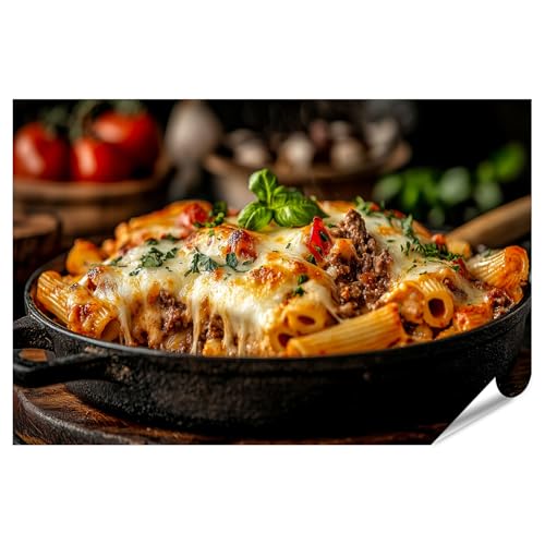 islandburner XXL Bild Poster Überbackene Rigatoni mit Fleisch und Käse in einer Pfanne für Küche Gourmet Restaurant Premium Bilder Fotodruck