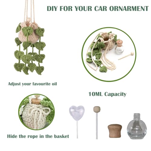 Image of Crochet Hanging Plant Car Air Freshener,10ml Empty Refillable Car Diffuser Bottle with Potted Plants Car Mirror Hanging Accessories Car Air Hanging Fragrance Oil Diffuser (Leaves)