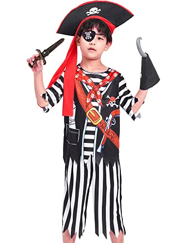 Ikali Pirate Costume For Boys With Hat, Halloween Buccaneer Gift Party Dress Up Outfit Kids Cutlass Sword Caribbean Captain Pretend Role Play 3-10Y #TOP1