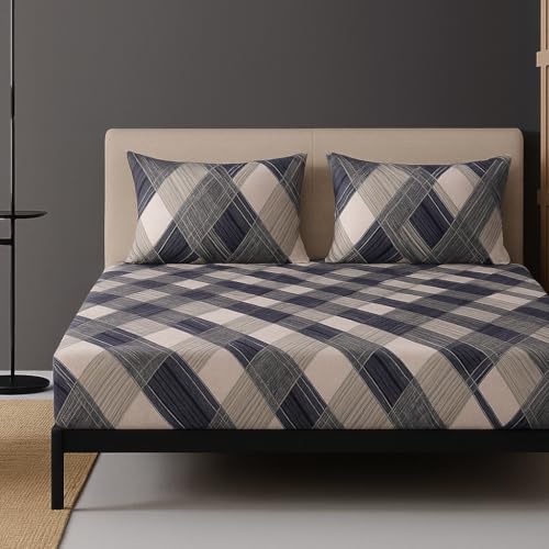 Image of 400 TC Cotton Feel Glace Cotton Fully Elastic Fitted Bedsheet Queen Size Double Bed with 2 Pillow Covers (60 inch x 78 inch inches, Cubic Fusion)