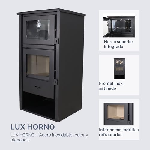 Miniatura 2 de Eider Biomasa Estufa De Leña Lux Con Horno En Inox 12,4 Kw Compacta 104x46x48 Cm Horno Superior De Acero Inoxidable Frente Y Tapa En Fundición Calienta Hasta 210 M Clase Energética A