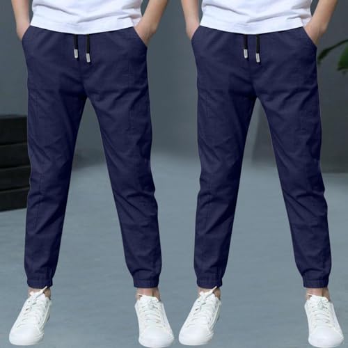 2 Pack Boys Linen Pants Summer Chino Pants Drawstring Trousers Lightweight Athletic Pant Casual Pant School Uniform2