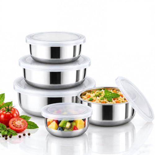 Image of JENSONS Stainless Steel Storage Bowls with Lids | 5 Pieces | 200 ml to 1150 ml | Airtight Food Containers | Stackable Nesting Set | Silver