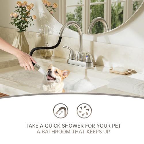 Phiestina Pull Down Sprayer Chrome 4 Inch Bathroom Faucet,2-3 Hole Centerset Pull Out Bathroom Sink Faucet,with 360 Swivel Spout,Metal Pop-Up Drain and Water Supply Lines,BF04007-B11-C