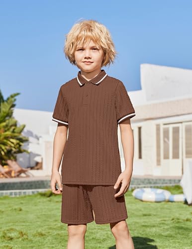 Image of Arshiner Boys 2 Piece Outfits Button Polo Shirt & Elastic Shorts 4-13 Years