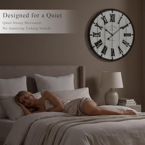 Image of EMAX HOME Large 20 Inch Farmhouse Wall Clock, Distressed White Wood Grain Dial with Heavy Duty Black Metal Frame, Silent Non-Ticking Sweep Movement for Living Room, Bedroom, Kitchen or Entryway